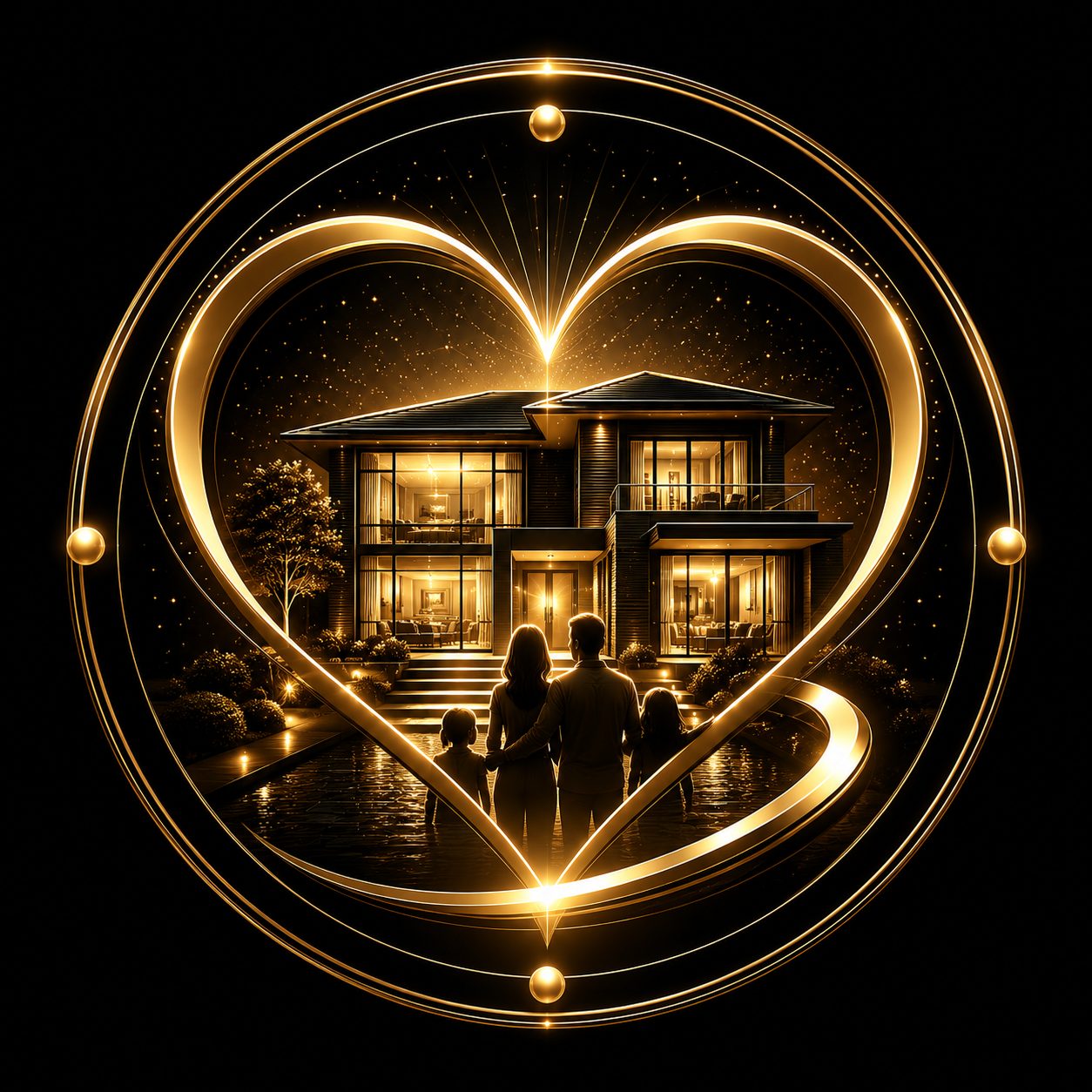 Black and gold luxury real estate icon showing a home framed by a heart and family connection