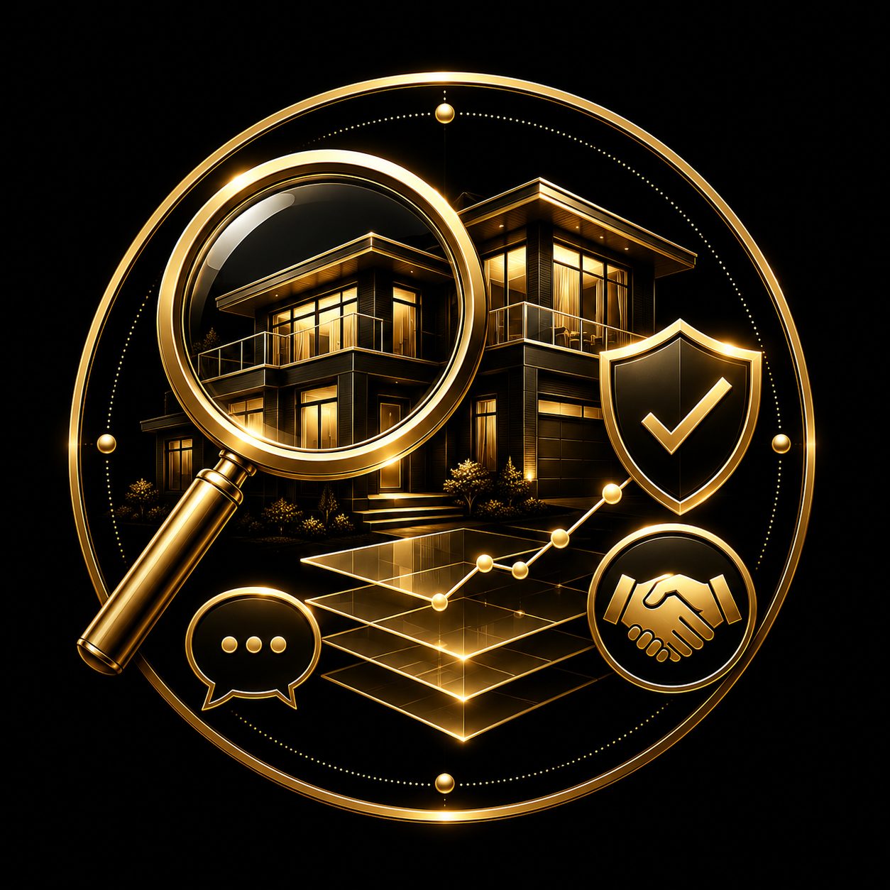Black and gold luxury real estate icon with magnifying glass, shield, handshake, and market insight symbols
