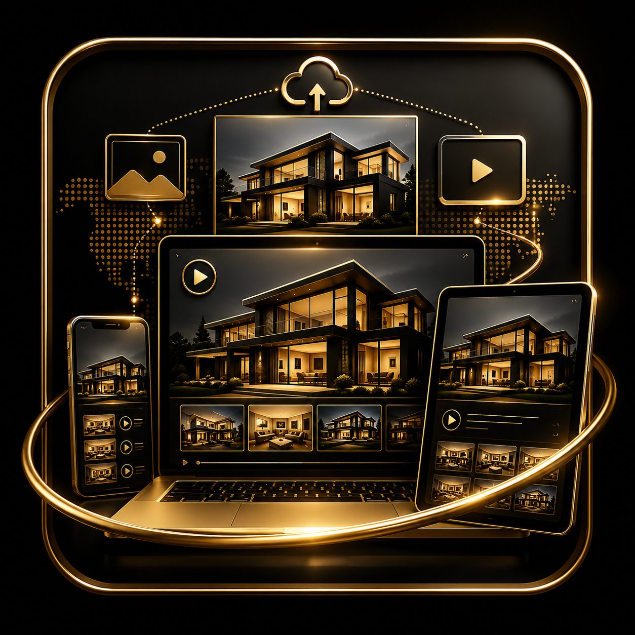 Black and gold luxury real estate icon showing lifestyle priorities, wellness, travel, privacy, recreation, and daily comfort