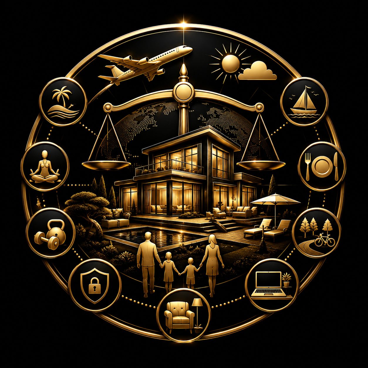 Black and gold luxury real estate icon showing sustainable home design, energy efficiency, nature, and long-term responsibility