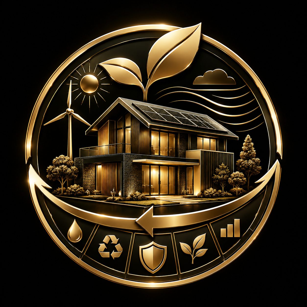 Black and gold luxury real estate icon showing architecture, craftsmanship tools, heritage details, and premium materials