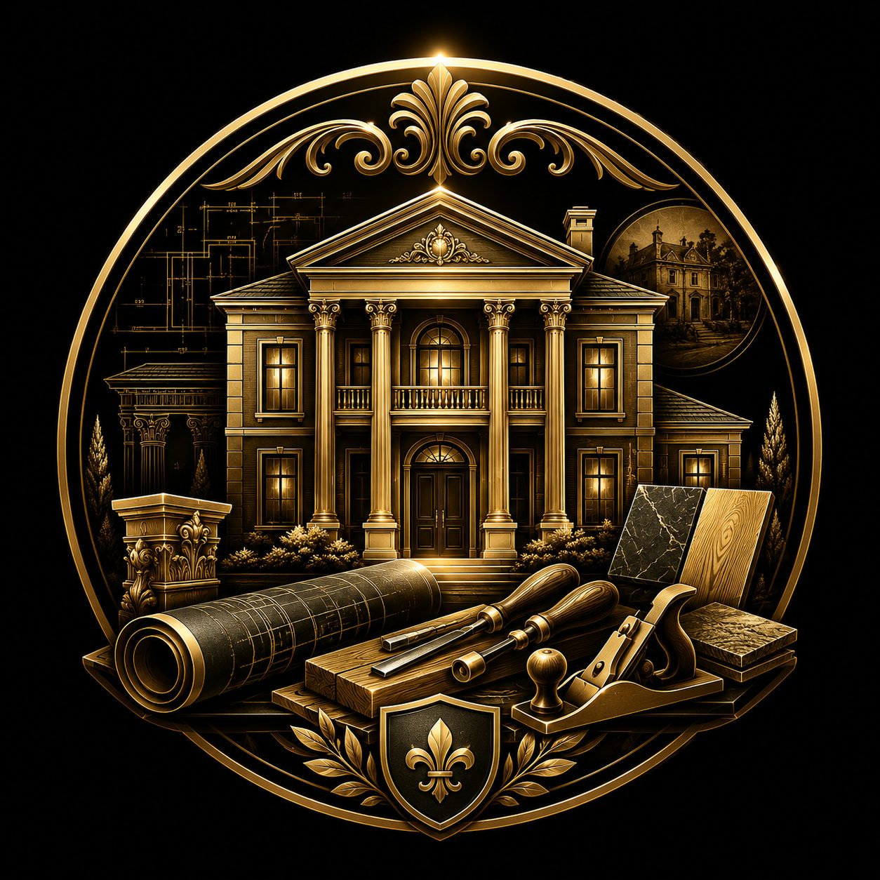 Black and gold luxury real estate icon showing a high-end property across laptop, tablet, and mobile screens