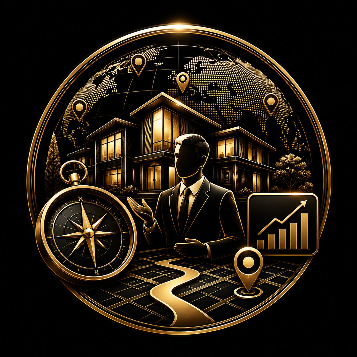 Black and gold luxury real estate icon showing expert guidance, compass, local market insight, and property strategy