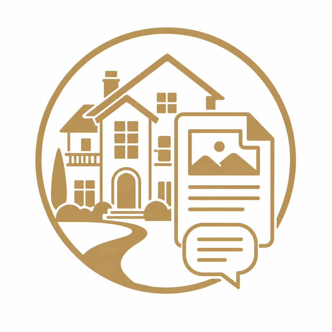Gold luxury real estate icon showing a home with property story documents and communication symbol