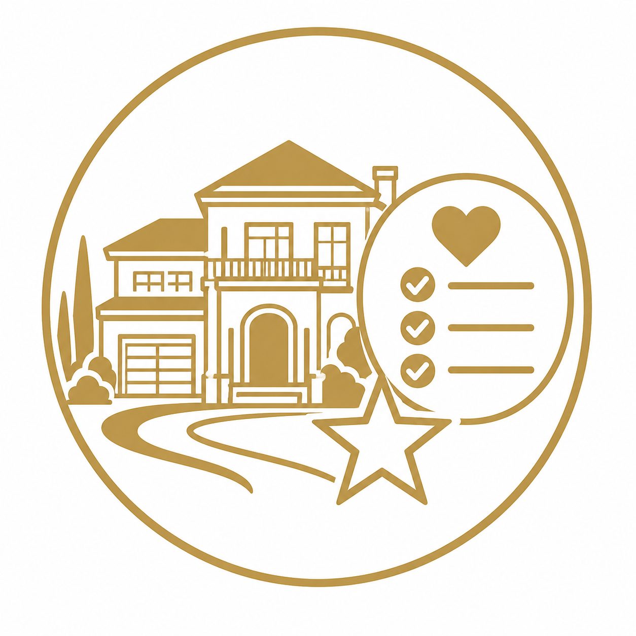 Gold luxury real estate icon showing a home with checklist and value priority symbol