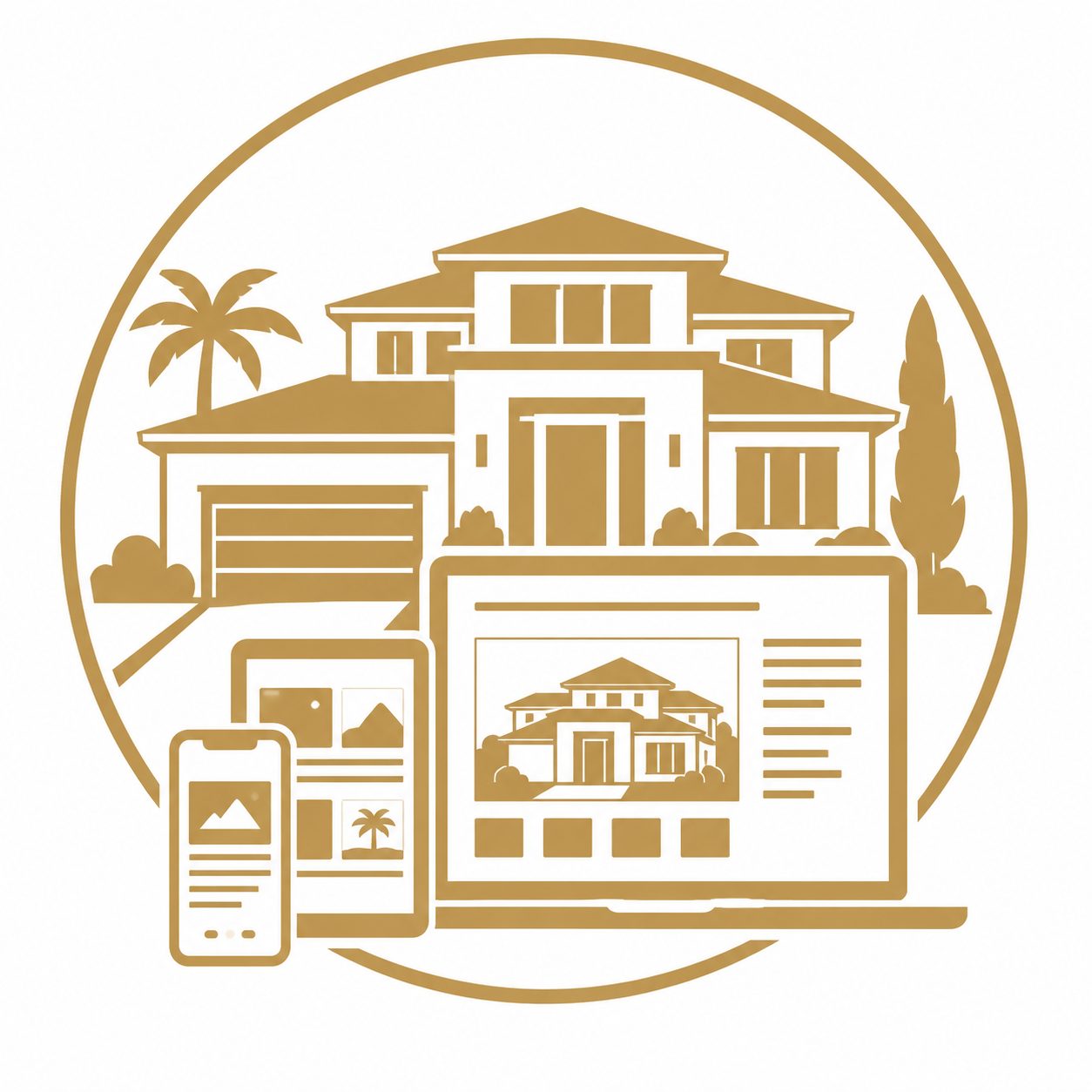 Gold luxury real estate icon showing a home presented across digital devices