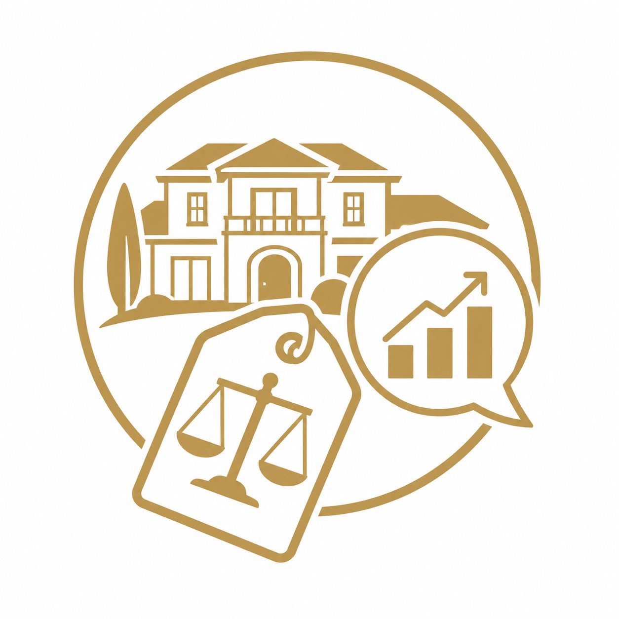 Gold luxury real estate icon showing a home with pricing tag, market chart, and value symbol
