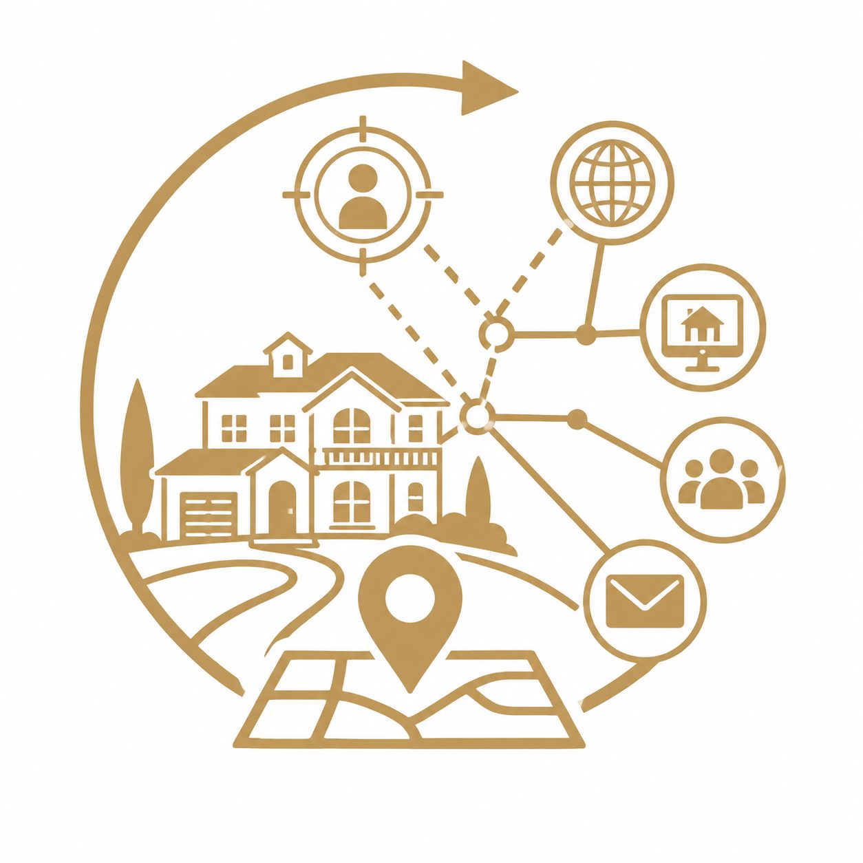 Gold luxury real estate icon showing a home connected to audience, digital, location, and marketing channels