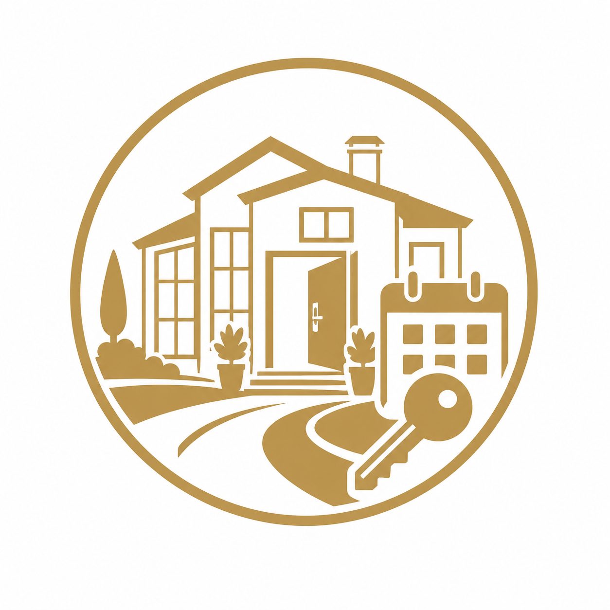 Gold luxury real estate icon showing a home with calendar and key for showing strategy