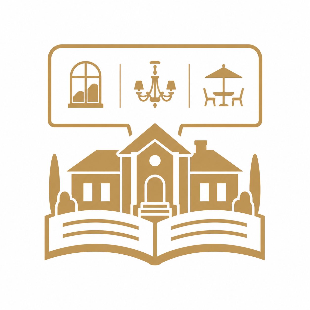 Gold luxury real estate icon showing a home, open storybook, and property detail symbols