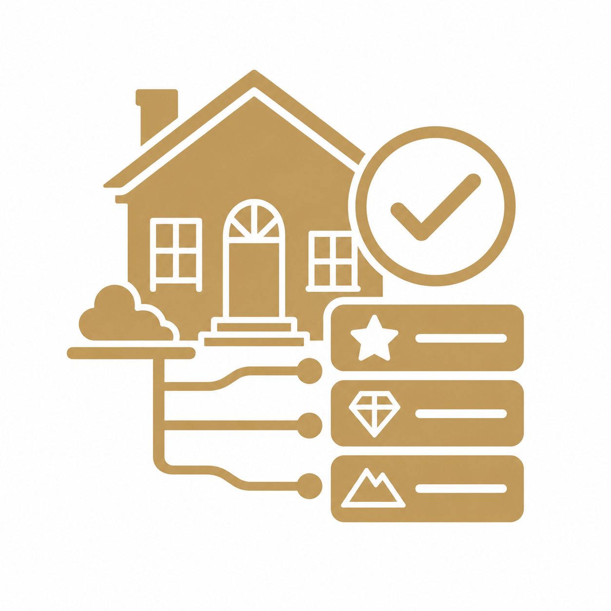 Gold luxury real estate icon showing a home with buyer value checklist and priority symbols