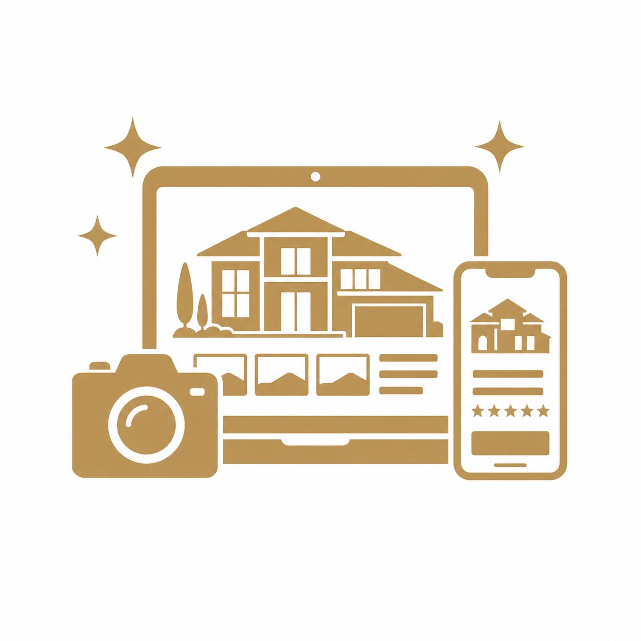 Gold luxury real estate icon showing a home presented across camera, laptop, tablet, and mobile screens