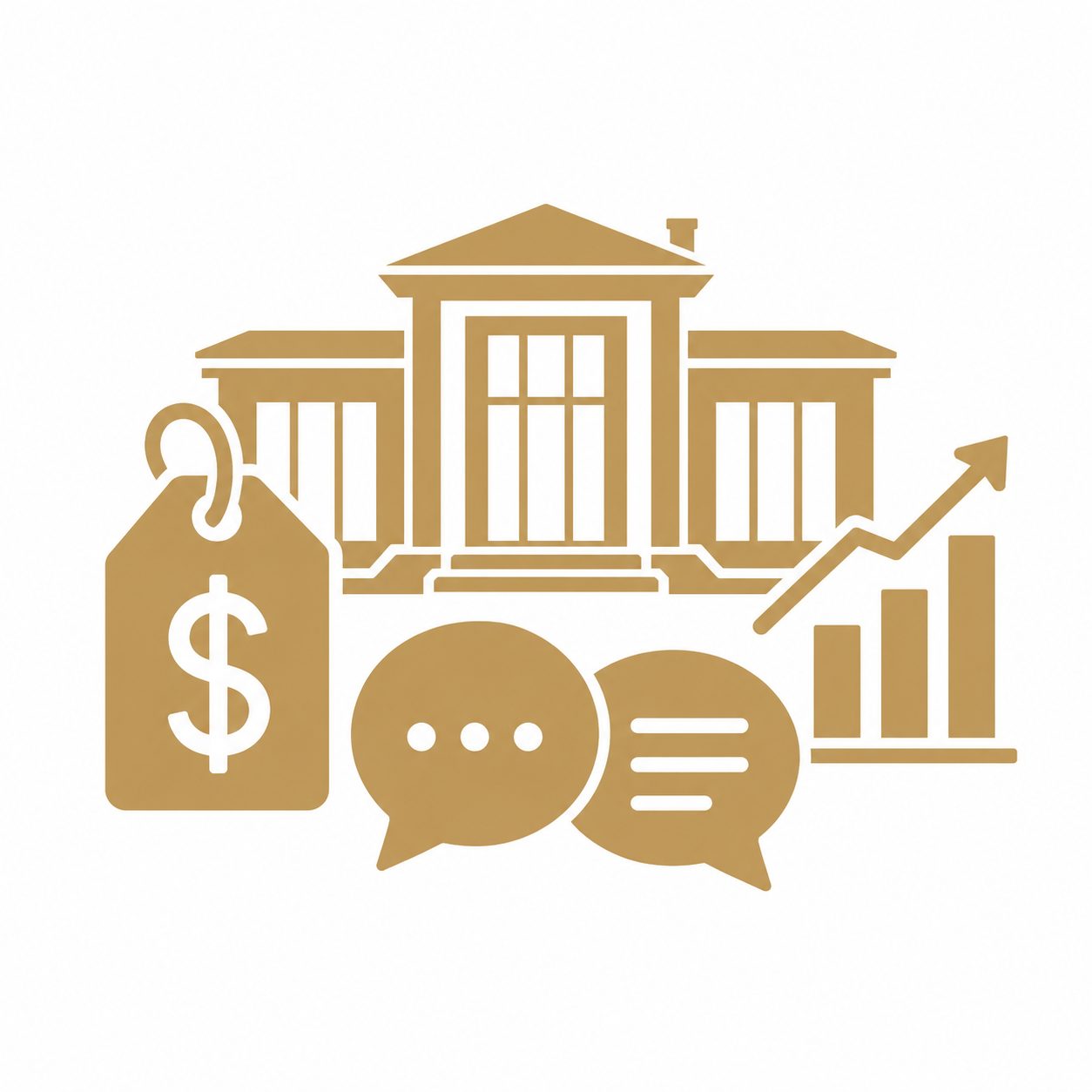 Gold luxury real estate icon showing a home with pricing tag, value chart, and market conversation symbols