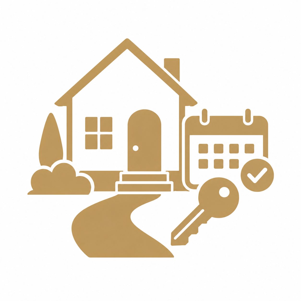 Gold luxury real estate icon showing a home with key, calendar, and showing appointment symbol