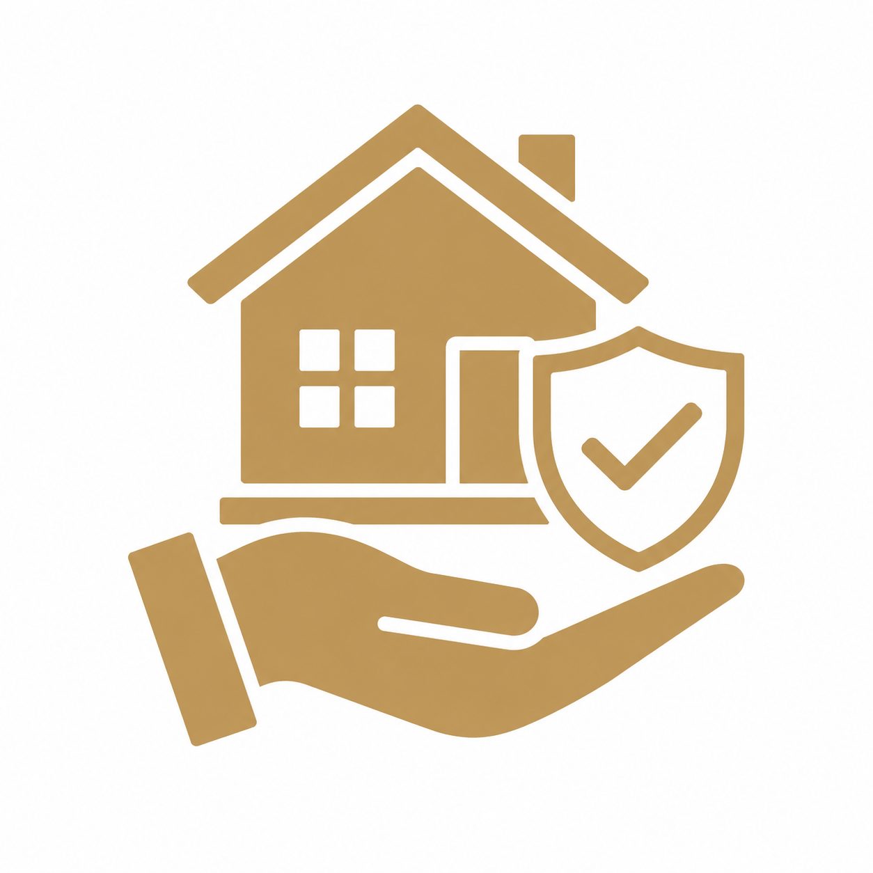 Gold luxury real estate icon showing a protected home with hand and shield symbol for seller confidence