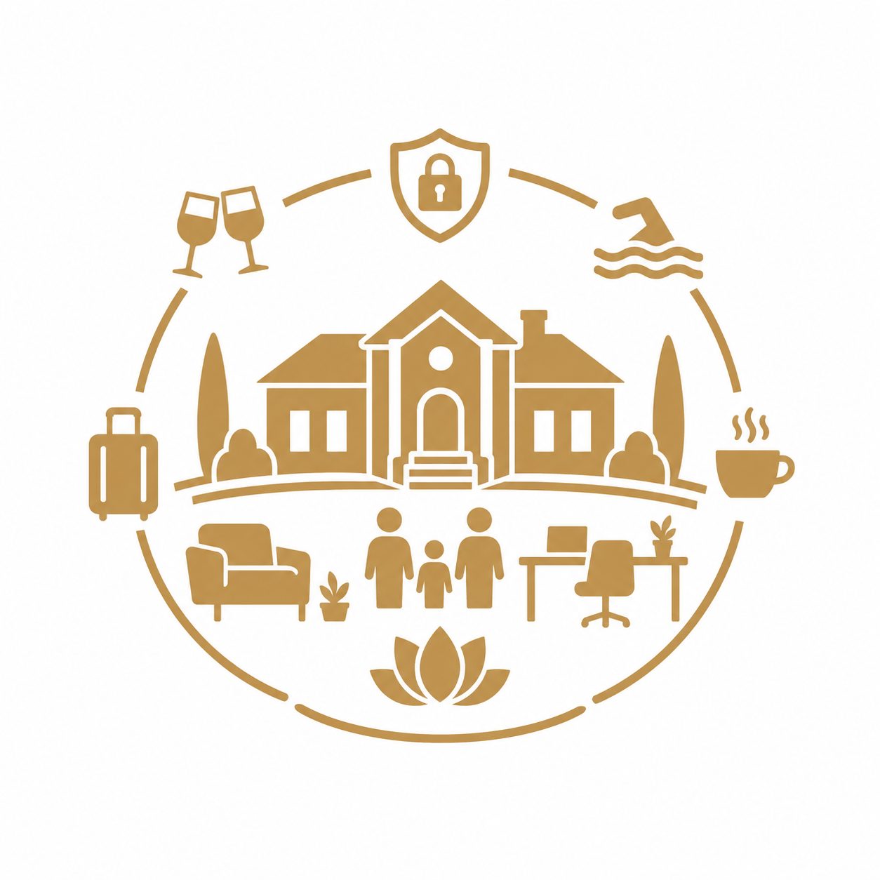Gold luxury real estate icon showing a home with lifestyle symbols for privacy, family, wellness, travel, and comfort
