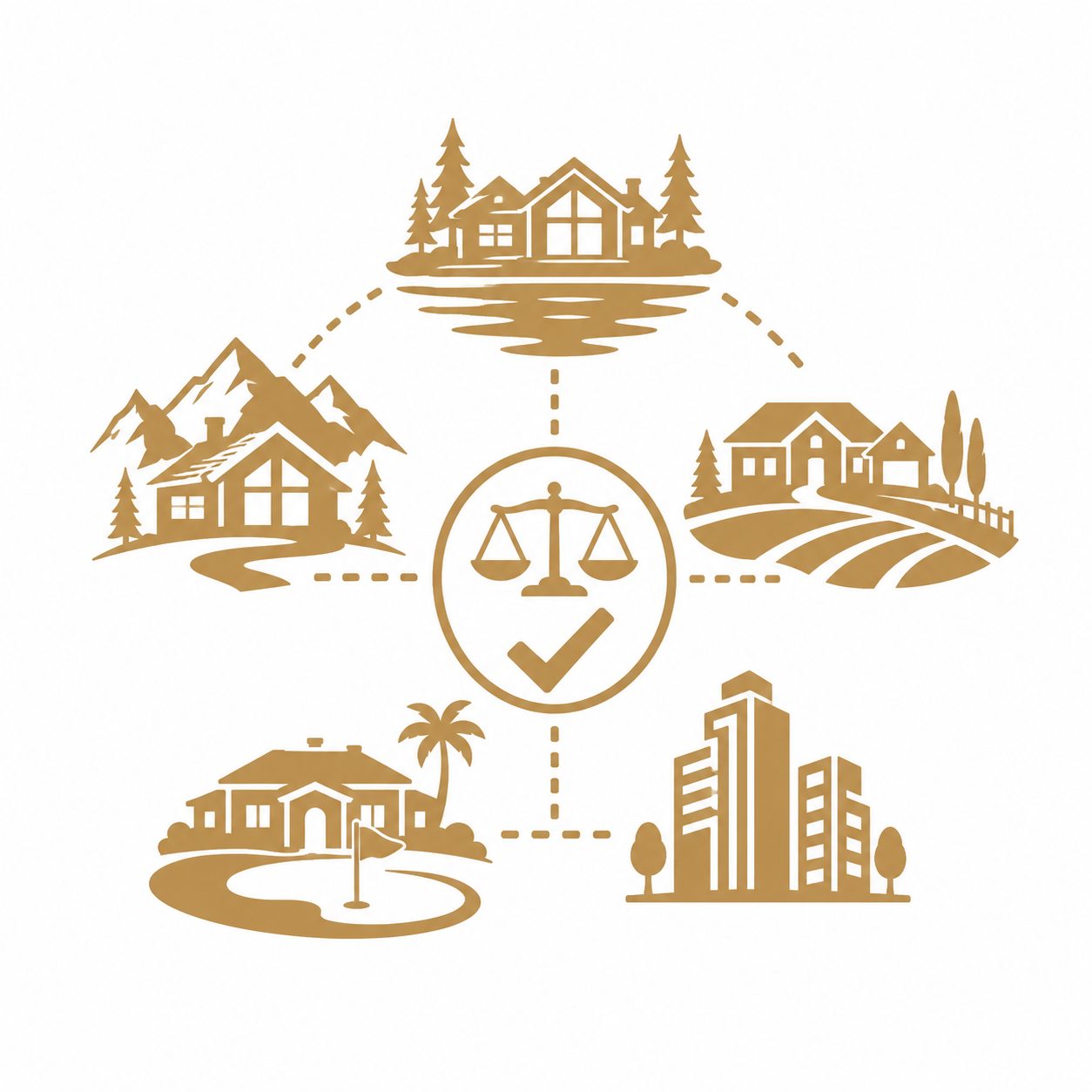 Gold luxury real estate icon comparing lakefront homes, mountain retreats, acreage estates, golf communities, and urban luxury