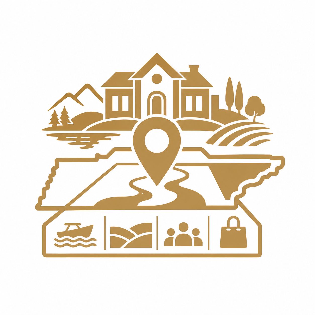Gold luxury real estate icon showing East Tennessee property settings, lake access, acreage, views, and local market context