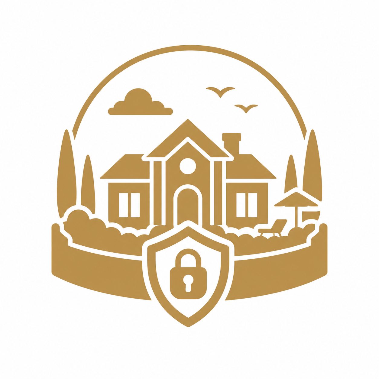 Gold luxury real estate icon showing a private home with shield, lock, and peaceful outdoor setting