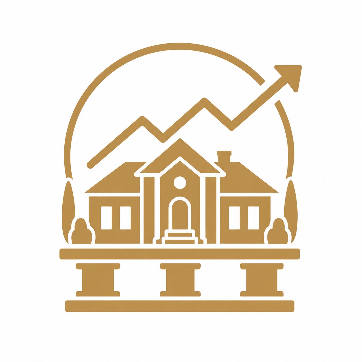 Gold luxury real estate icon showing a home with growth chart for long-term value and market confidence