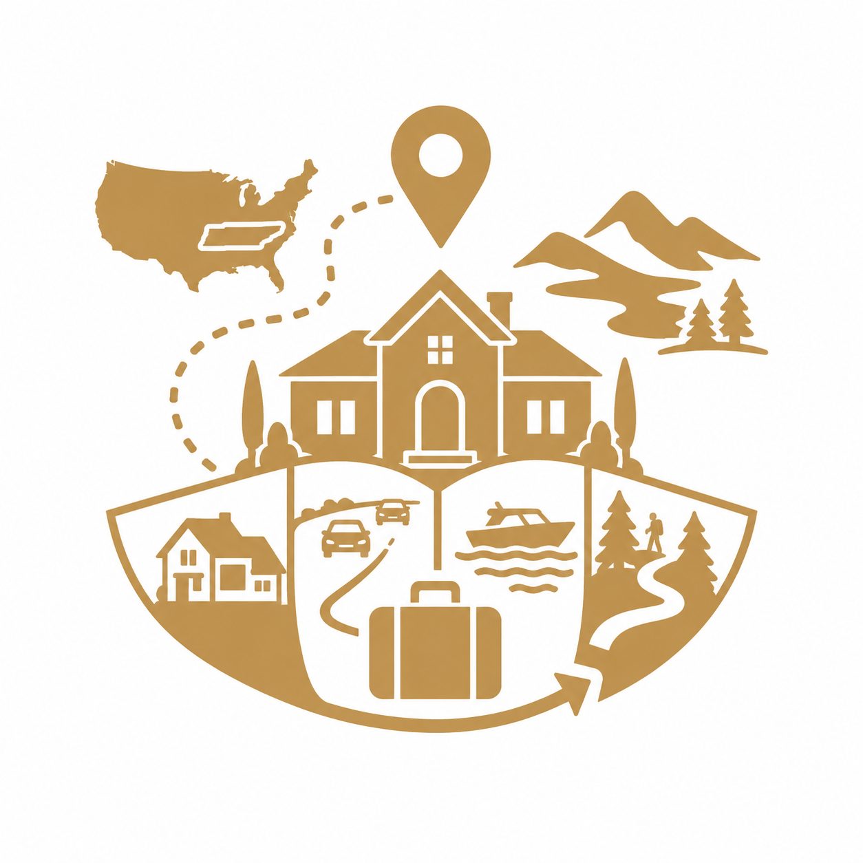 Gold luxury real estate icon showing relocation to East Tennessee with home, map, mountains, lake access, and travel path