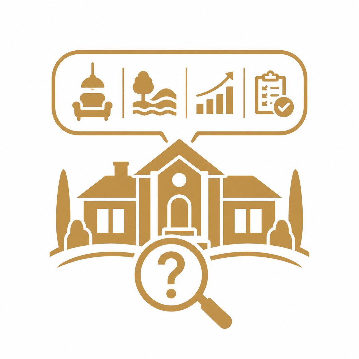 Gold luxury real estate icon showing a home with question symbol, checklist, and buyer evaluation details