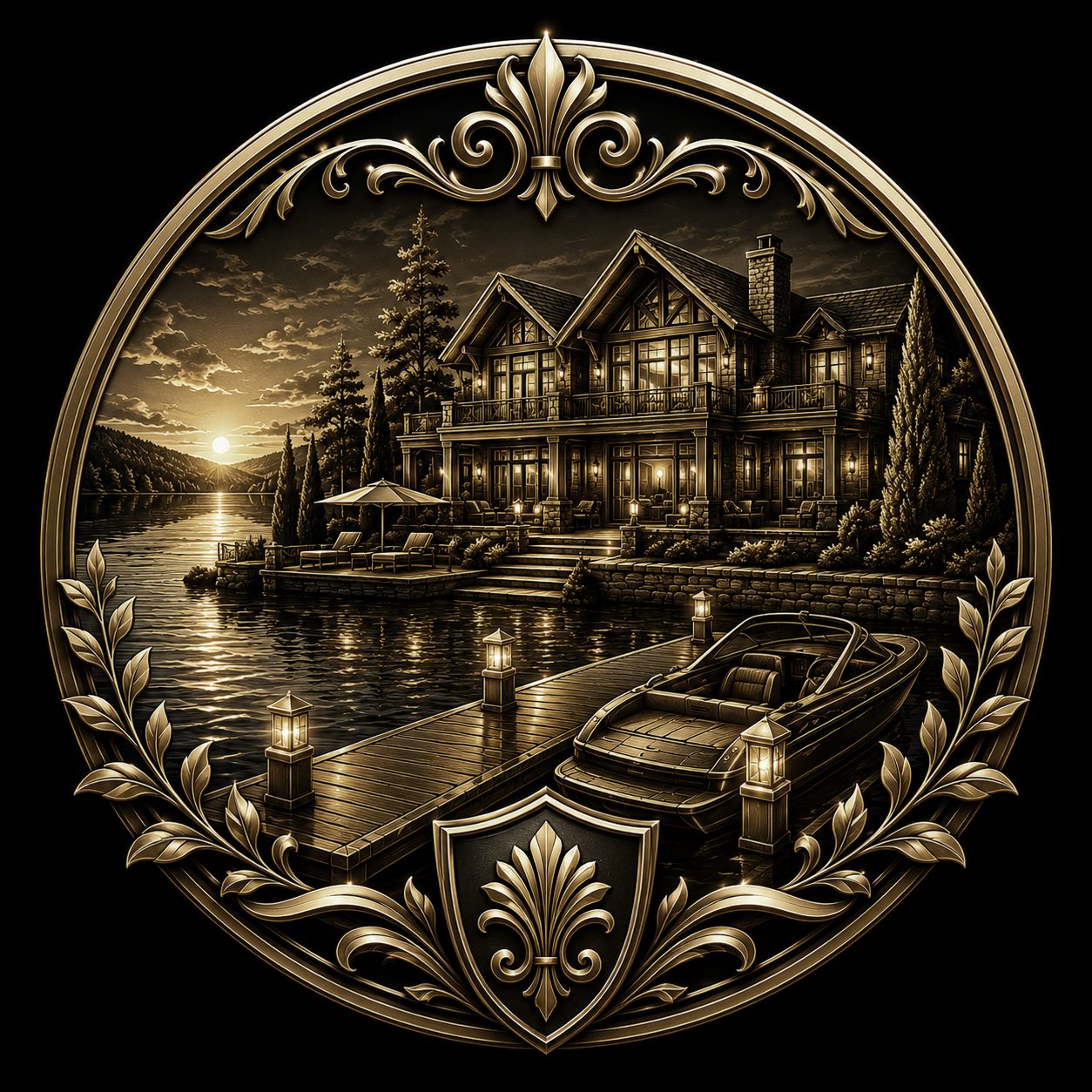 Black and gold luxury icon of a lakefront home with dock, boat, water views, and outdoor living
