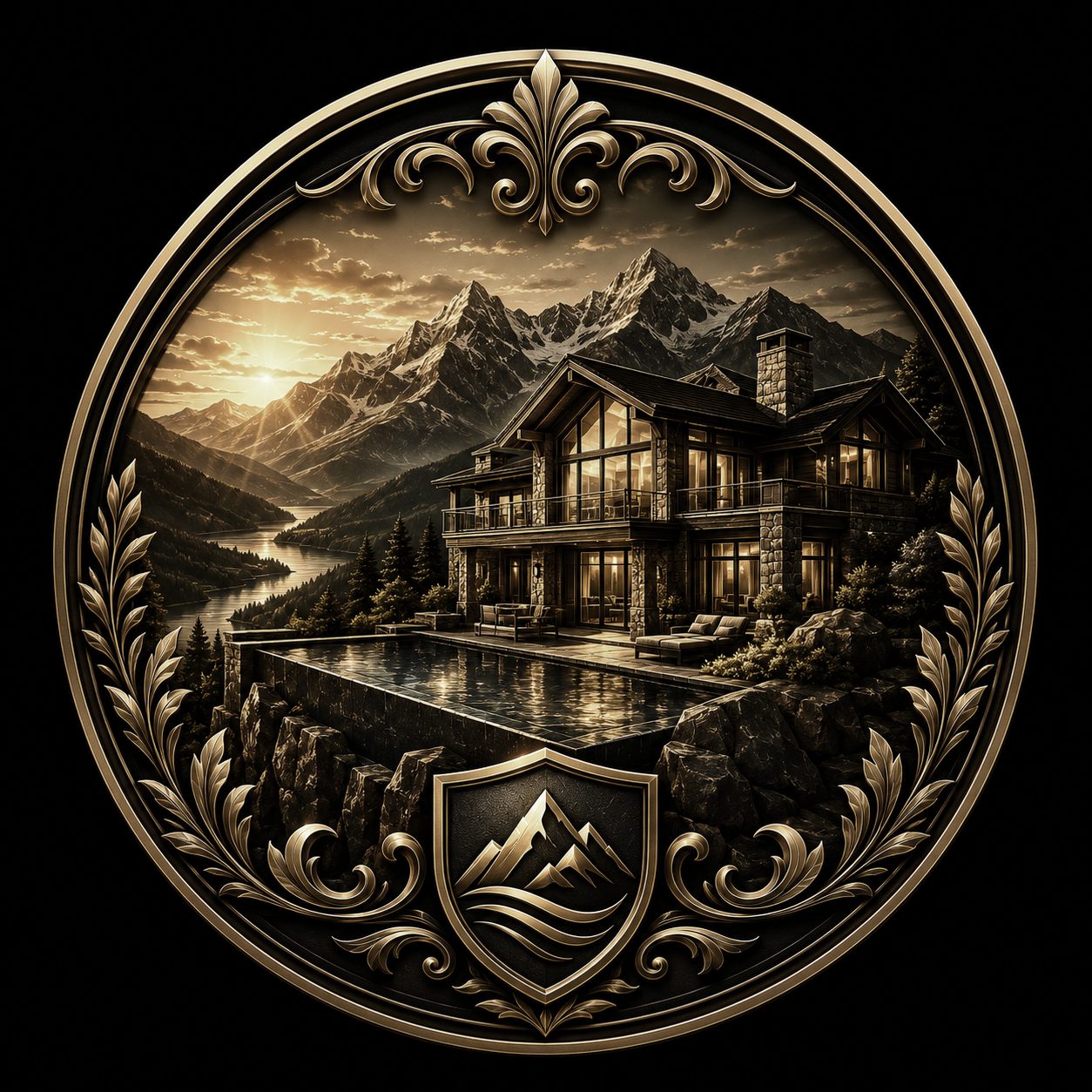 Black and gold luxury icon of a mountain-view home with scenic views, elevation, and retreat-style living