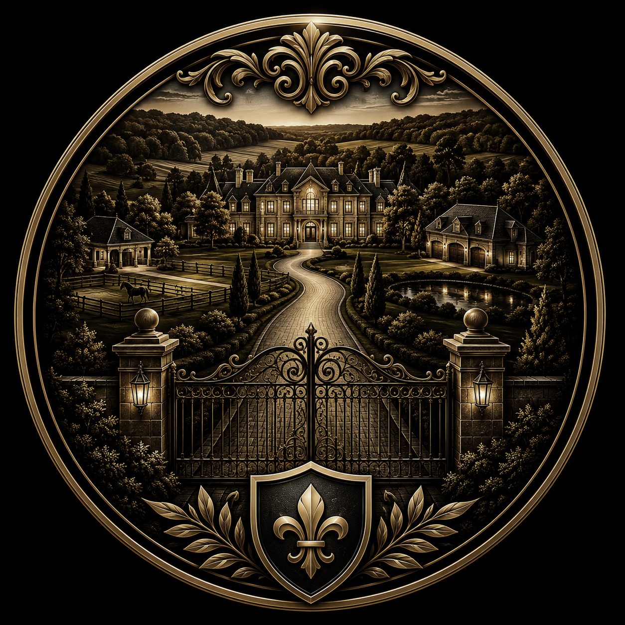 Black and gold luxury icon of a gated private estate with acreage, land, guest space, and long driveway