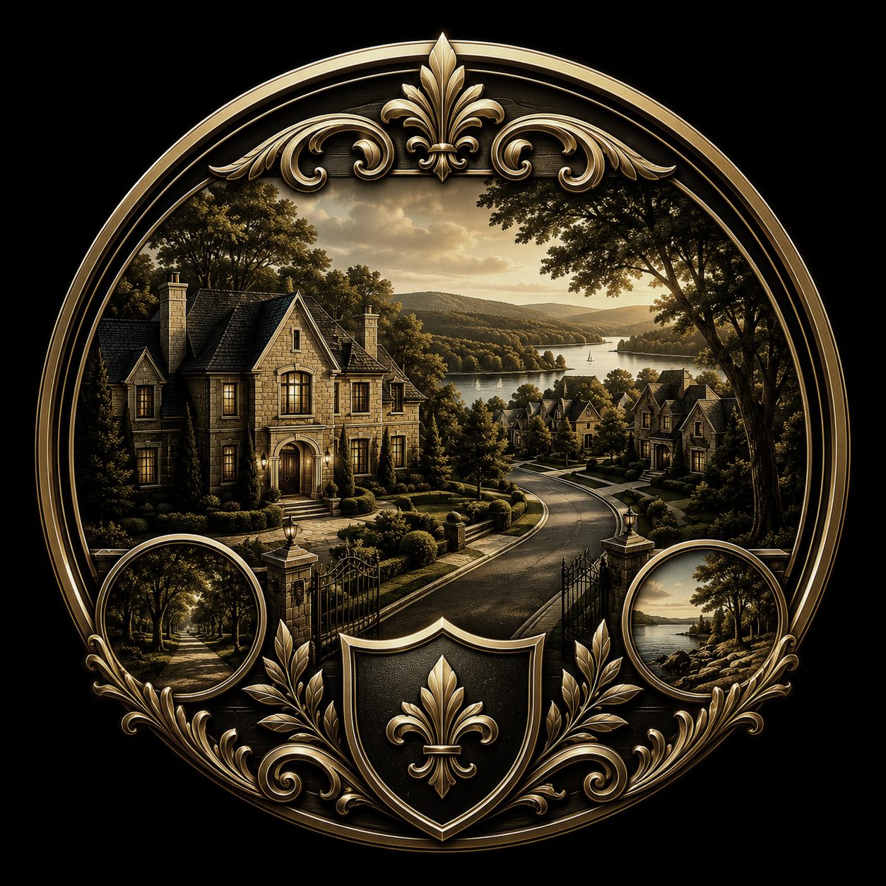 Black and gold luxury icon of an established East Tennessee luxury neighborhood with refined homes and lake proximity
