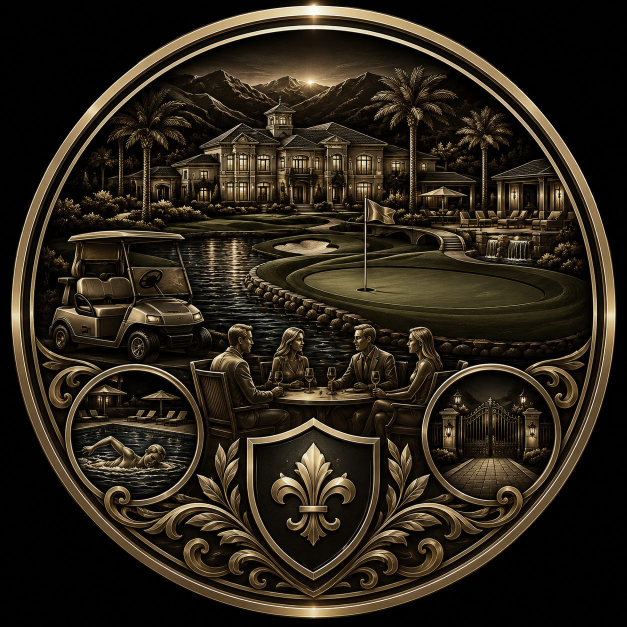 Black and gold luxury icon of a golf community home with course views, amenities, social lifestyle, and security