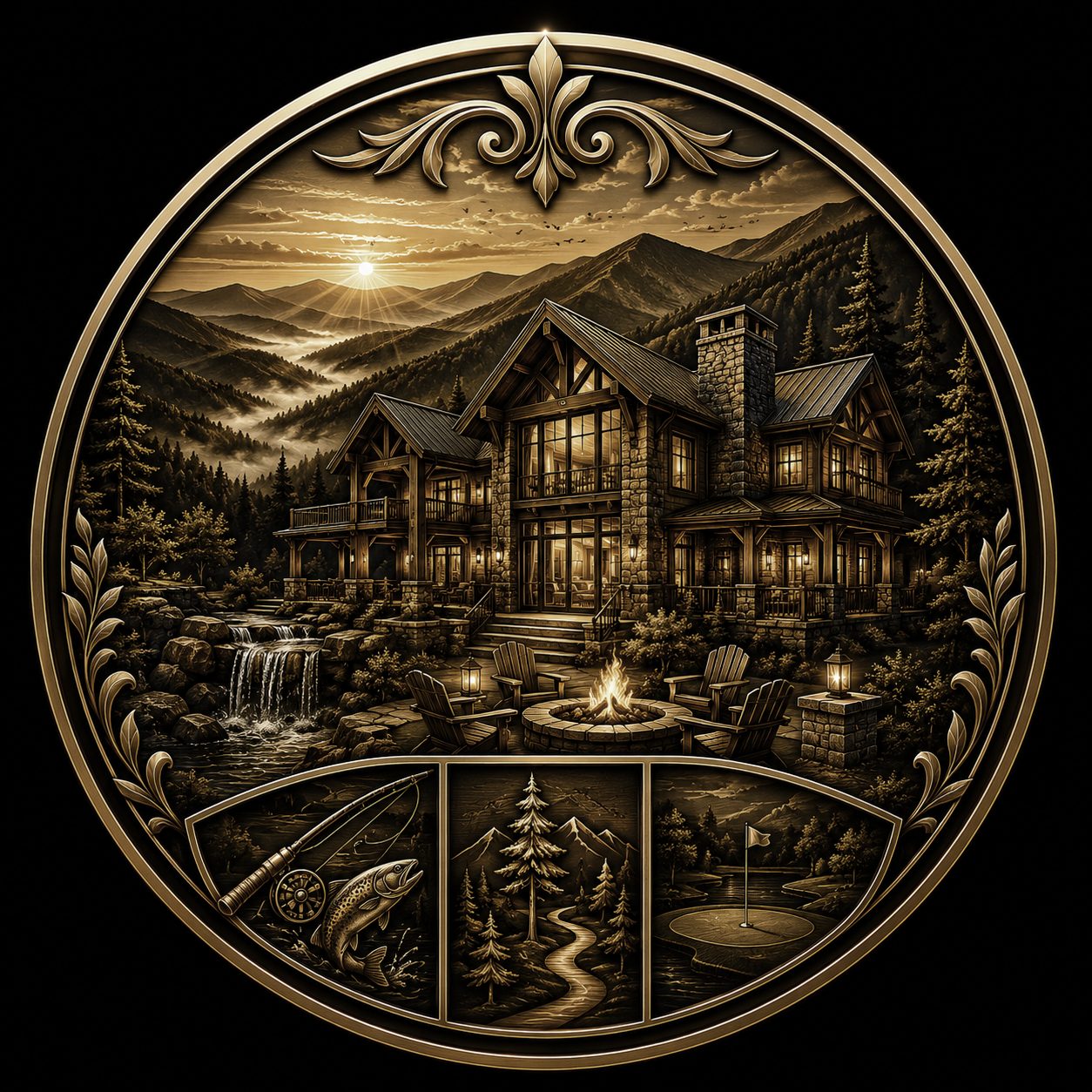 Black and gold luxury icon of a Smoky Mountain retreat with views, firepit, recreation, and gathering space