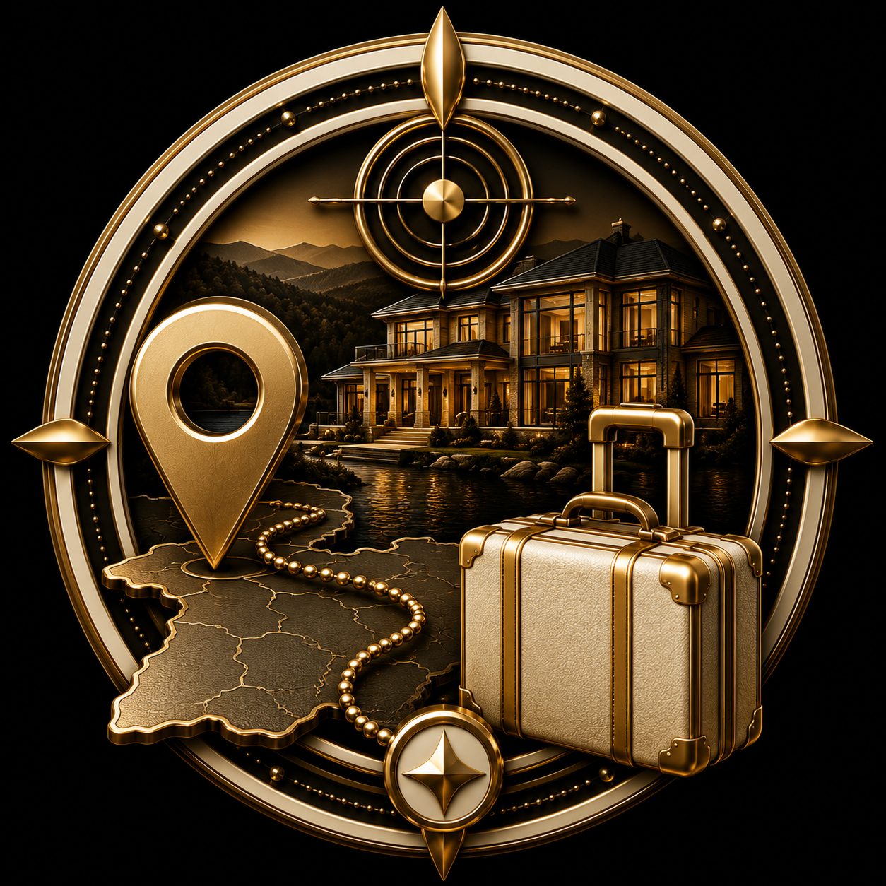 Luxury relocation buyer icon with East Tennessee estate, map pin, route, and suitcase
