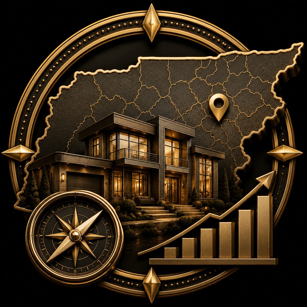Local market guidance icon with East Tennessee map, luxury home, compass, and market growth chart