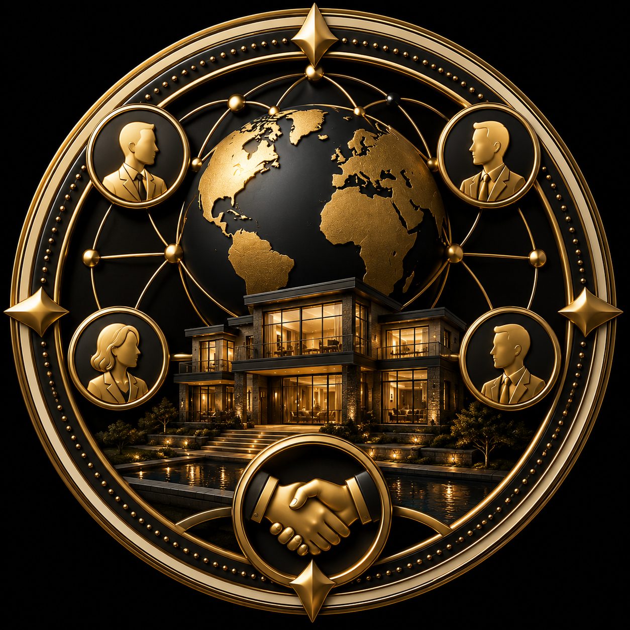 Luxury real estate network icon with global connections, professional profiles, estate, and handshake