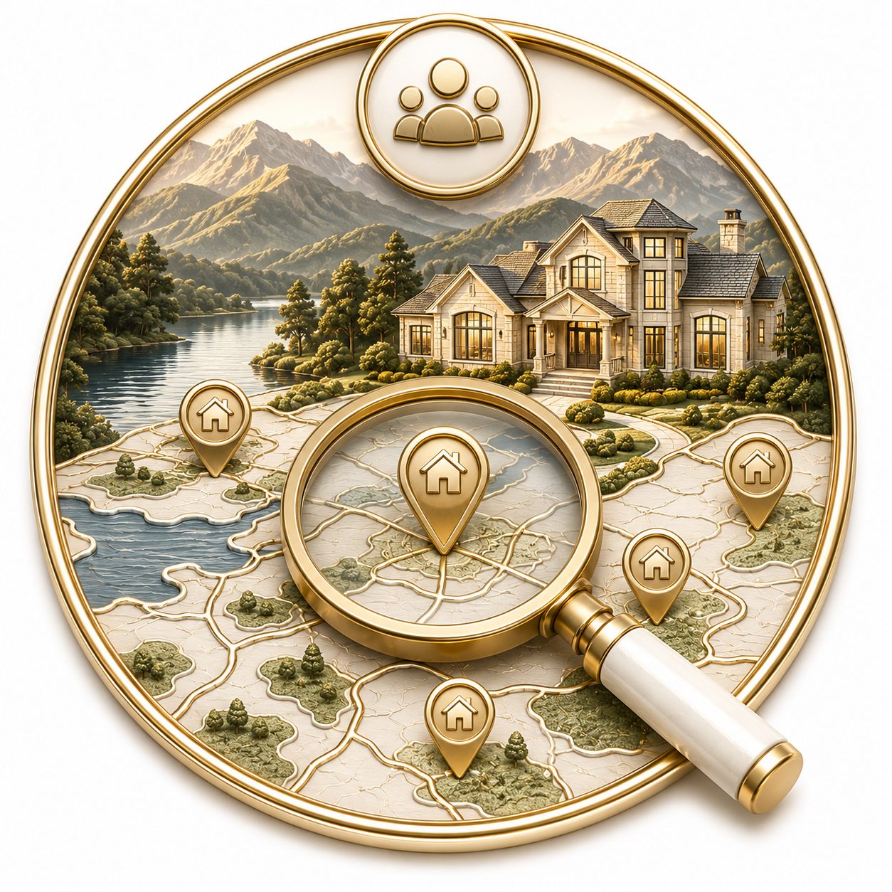 Community understanding icon with East Tennessee map, home pins, luxury estate, lake, and mountain scenery
