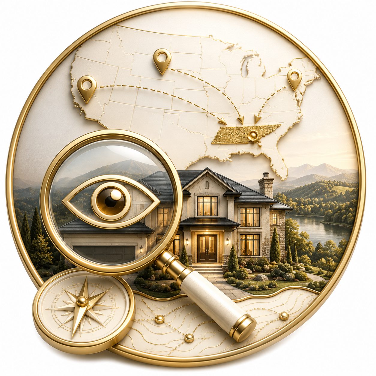 Lifestyle comparison icon showing East Tennessee lakefront, mountain, golf, city, and luxury home settings