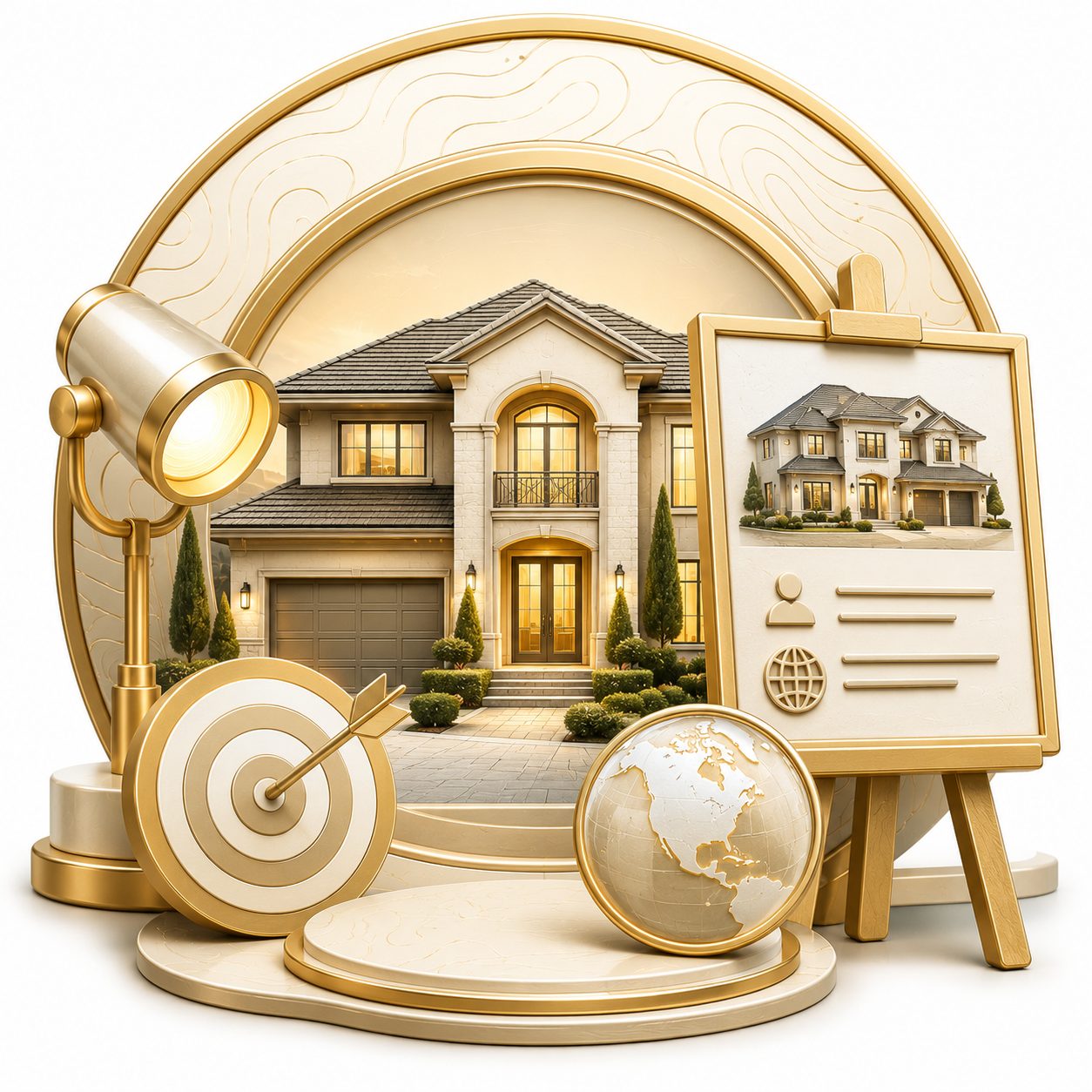 Seller positioning icon with luxury home, spotlight, target, globe, and listing presentation materials