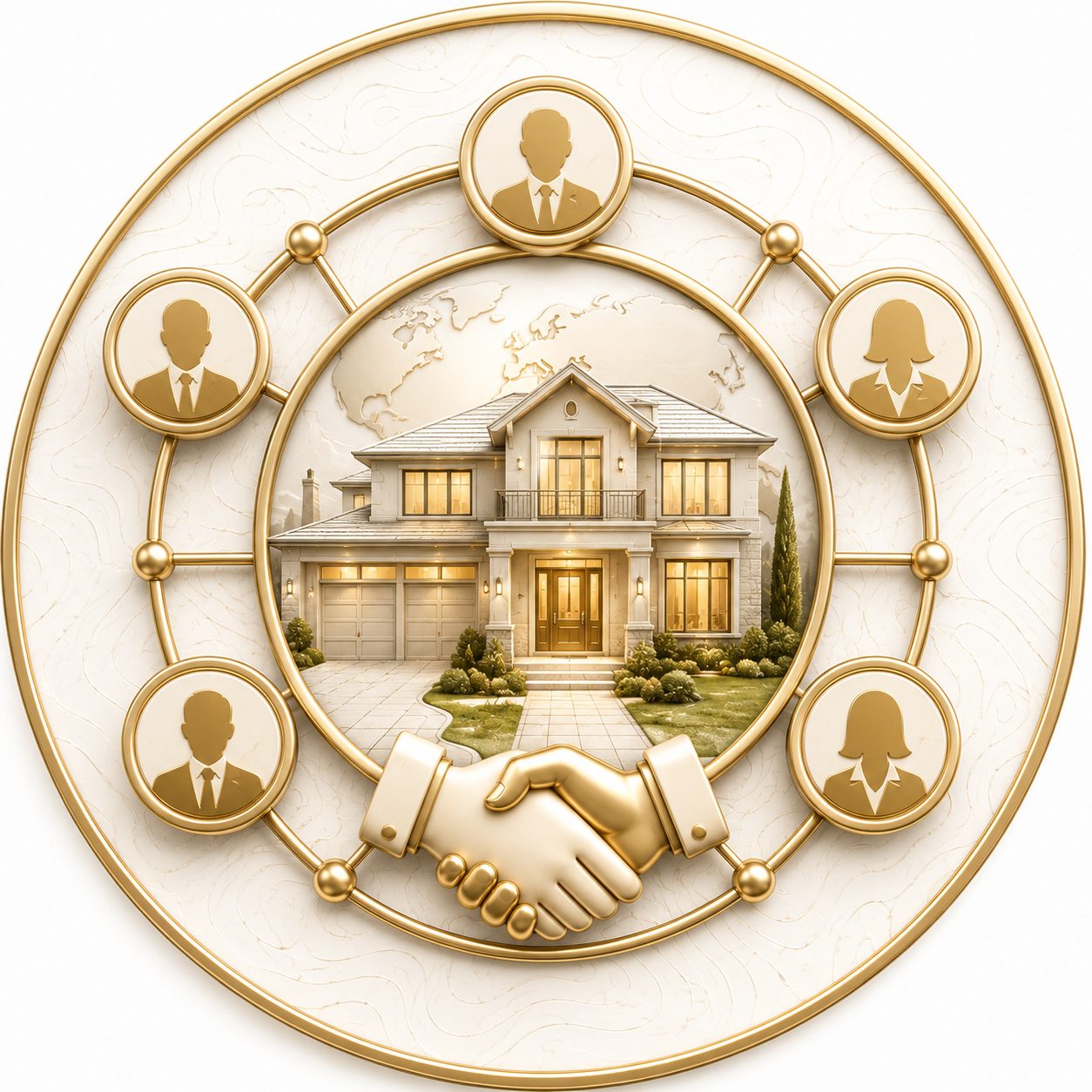 Professional connections icon with luxury home, global network, advisor profiles, and handshake