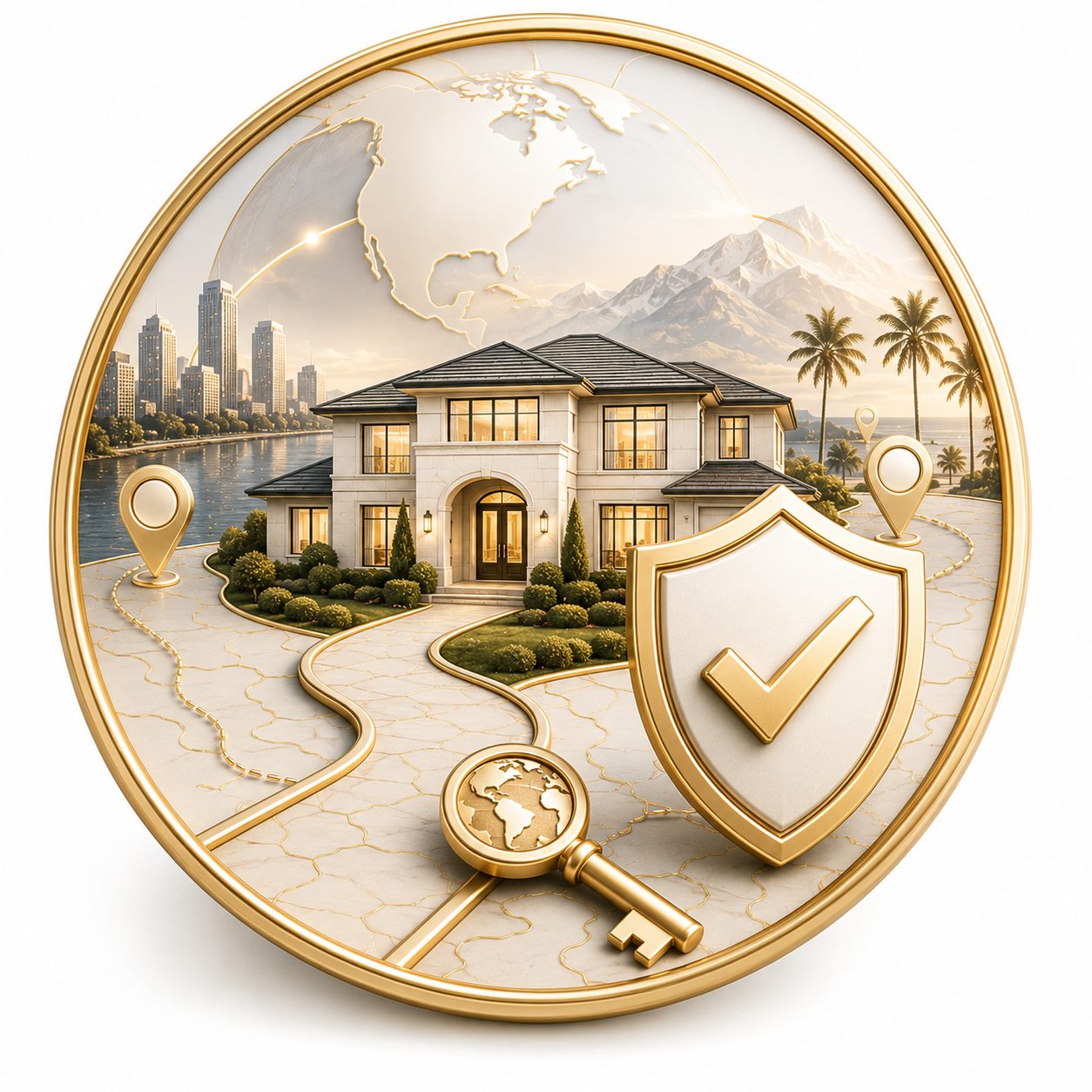 Relocation confidence icon with luxury home, map routes, location pins, shield checkmark, and key