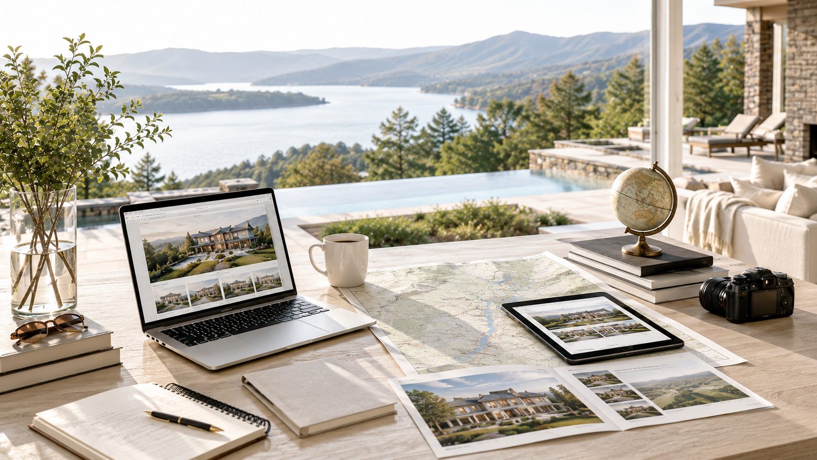Bright luxury relocation planning workspace with East Tennessee lake and mountain views, map, laptop, and property materials