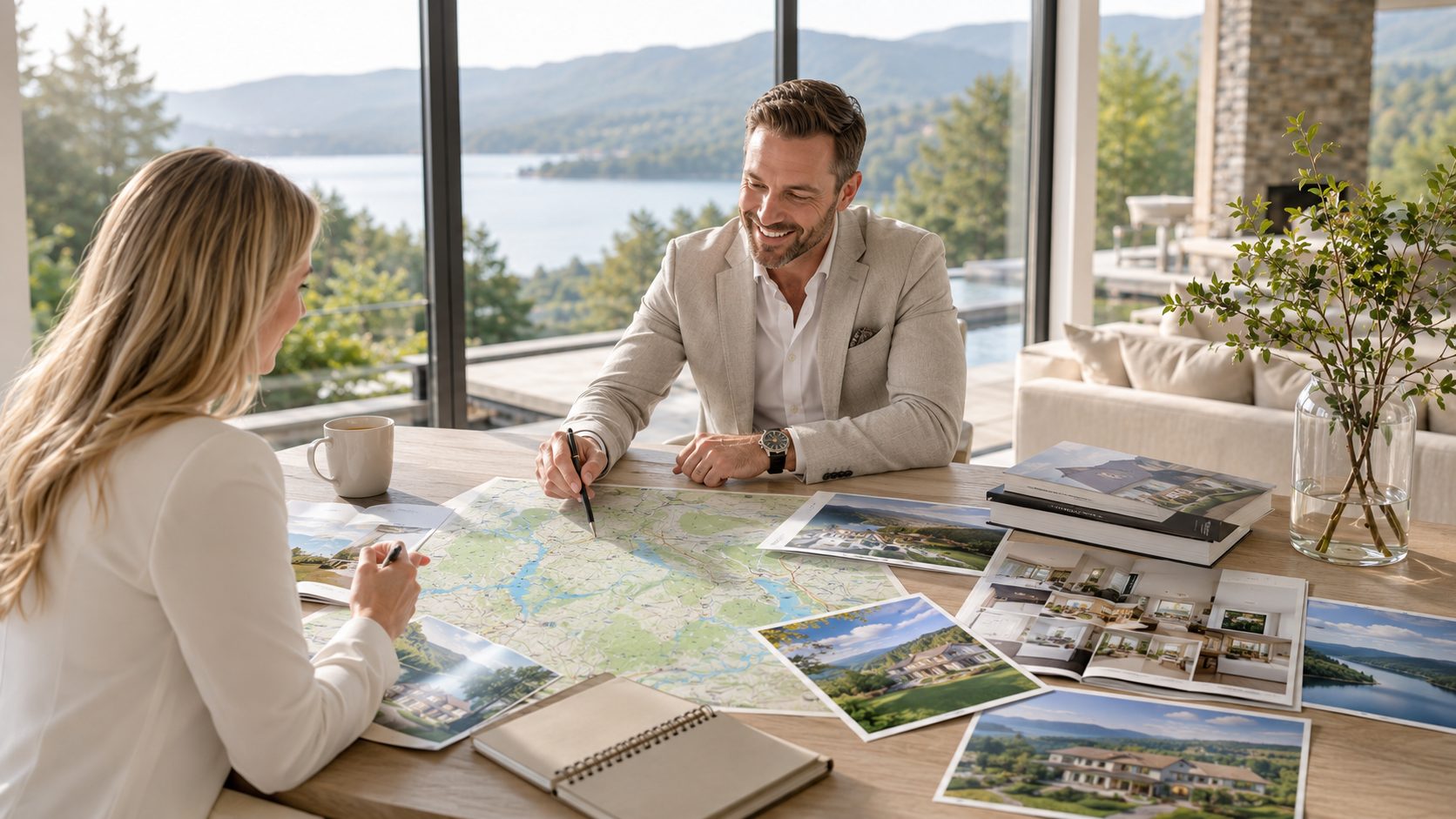 Luxury agent and client reviewing East Tennessee community maps and property materials in a bright lake-view home