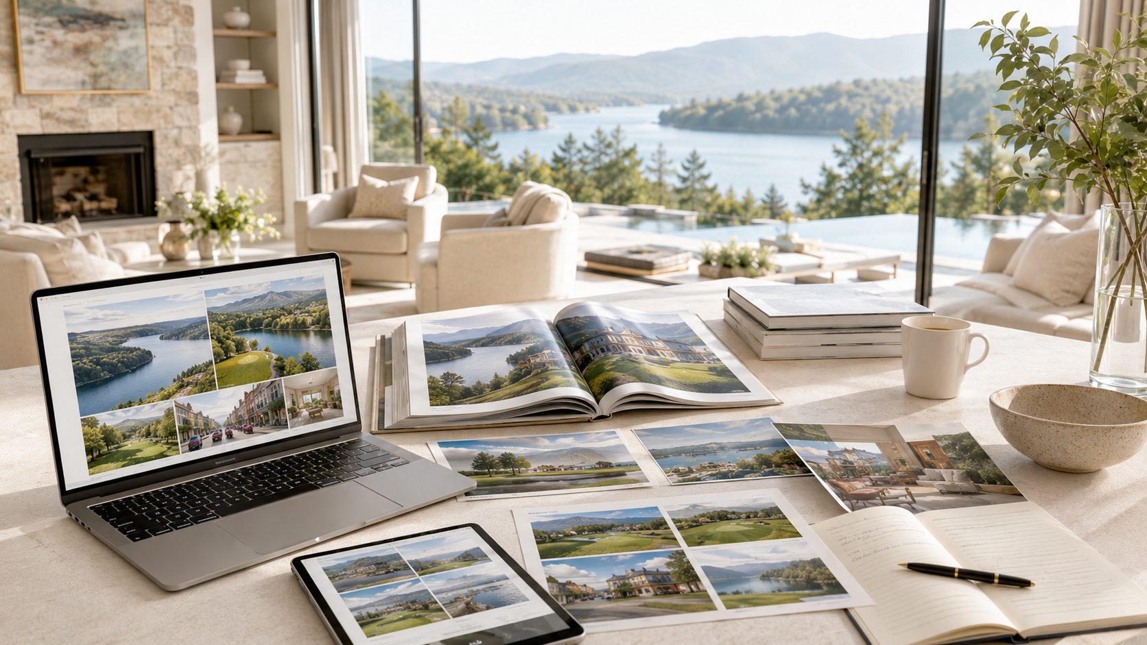 Luxury lifestyle comparison workspace with East Tennessee lake, mountain, golf, downtown, and residential property materials