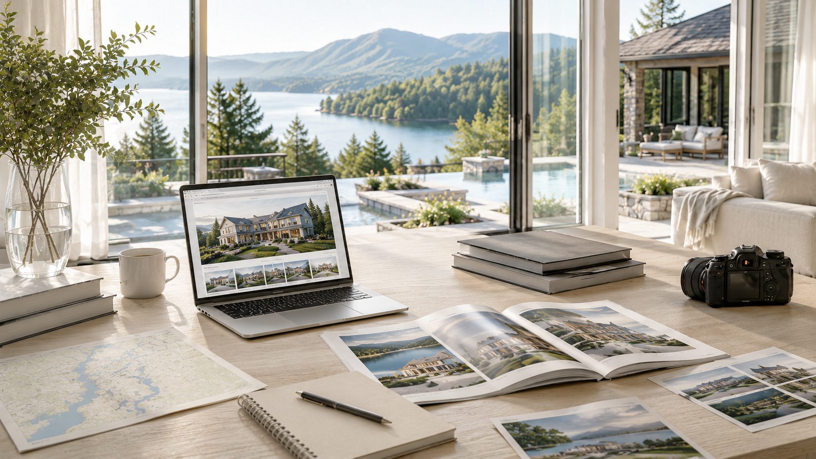 Luxury seller positioning workspace with property photography, listing materials, laptop, and East Tennessee lake and mountain views