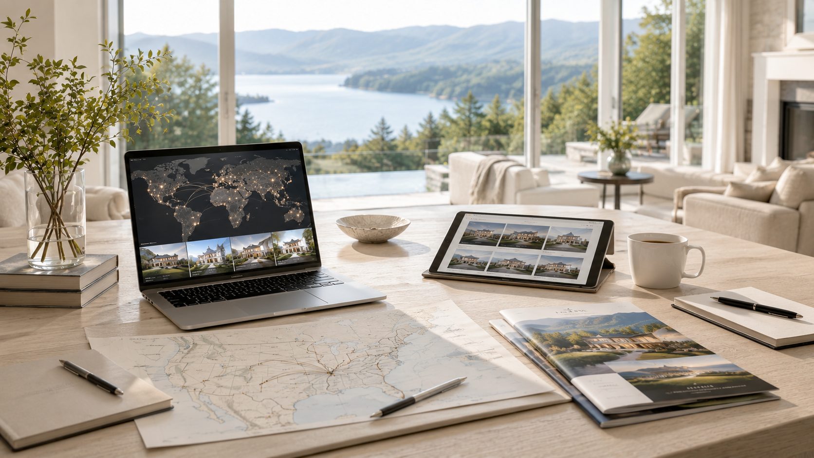 Luxury real estate professional connections workspace with global network map, property listings, and East Tennessee lake views