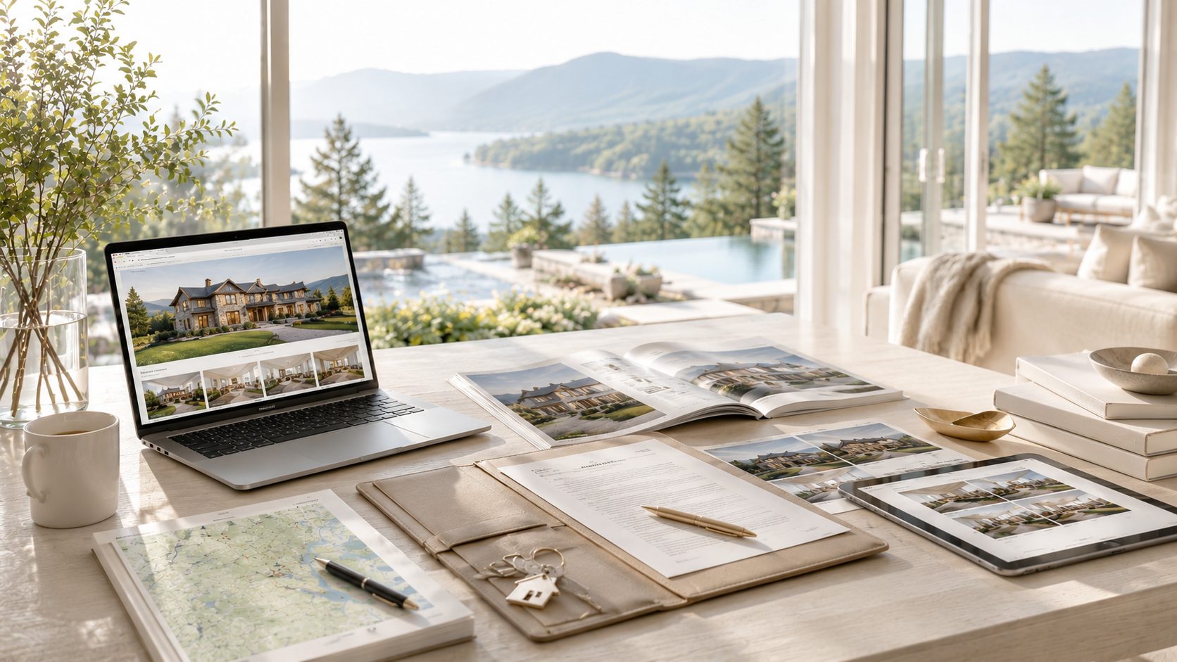 Luxury relocation confidence workspace with property documents, key, maps, tablet listings, and East Tennessee lake and mountain views