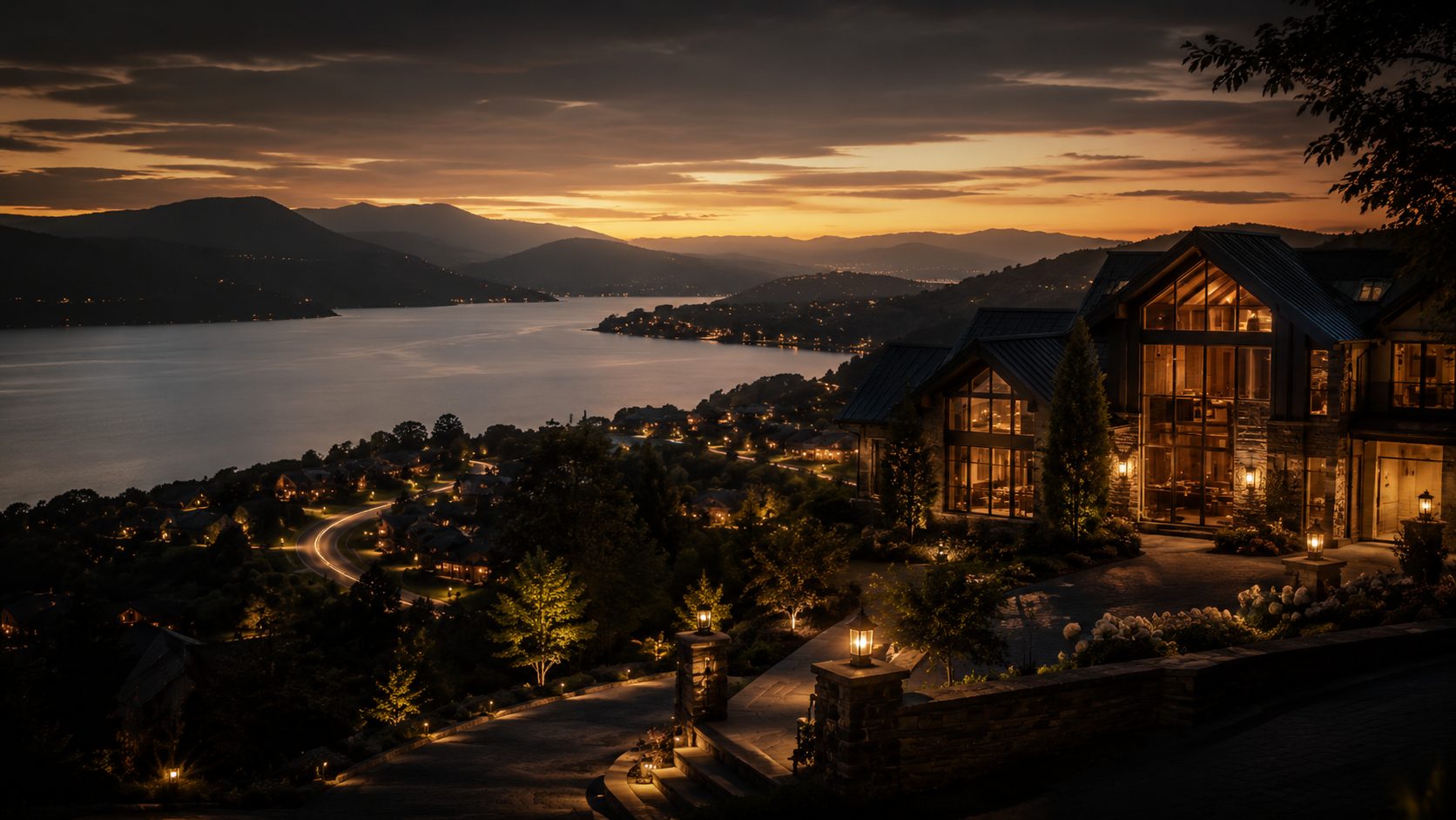 East Tennessee luxury relocation scene with hillside estate overlooking lake, mountains, neighborhoods, and winding roads at dusk
