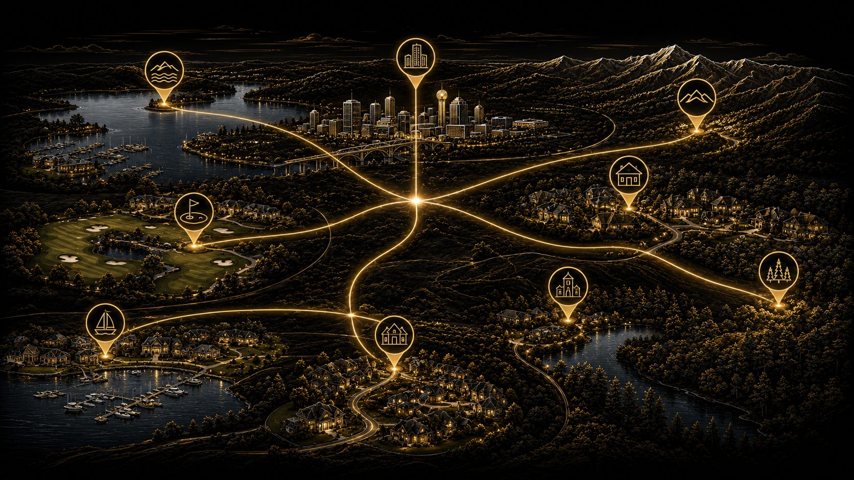 Graphical East Tennessee luxury relocation map comparing lake, mountain, downtown, golf, and residential communities