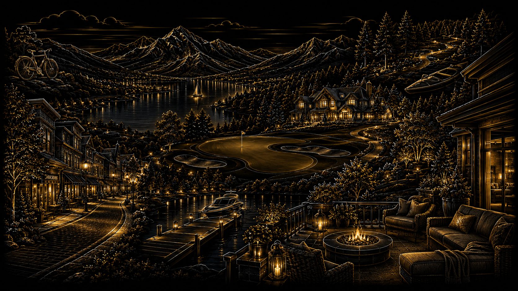 Graphical luxury East Tennessee lifestyle fit scene with lakefront, mountain, golf, downtown, privacy, and recreation settings