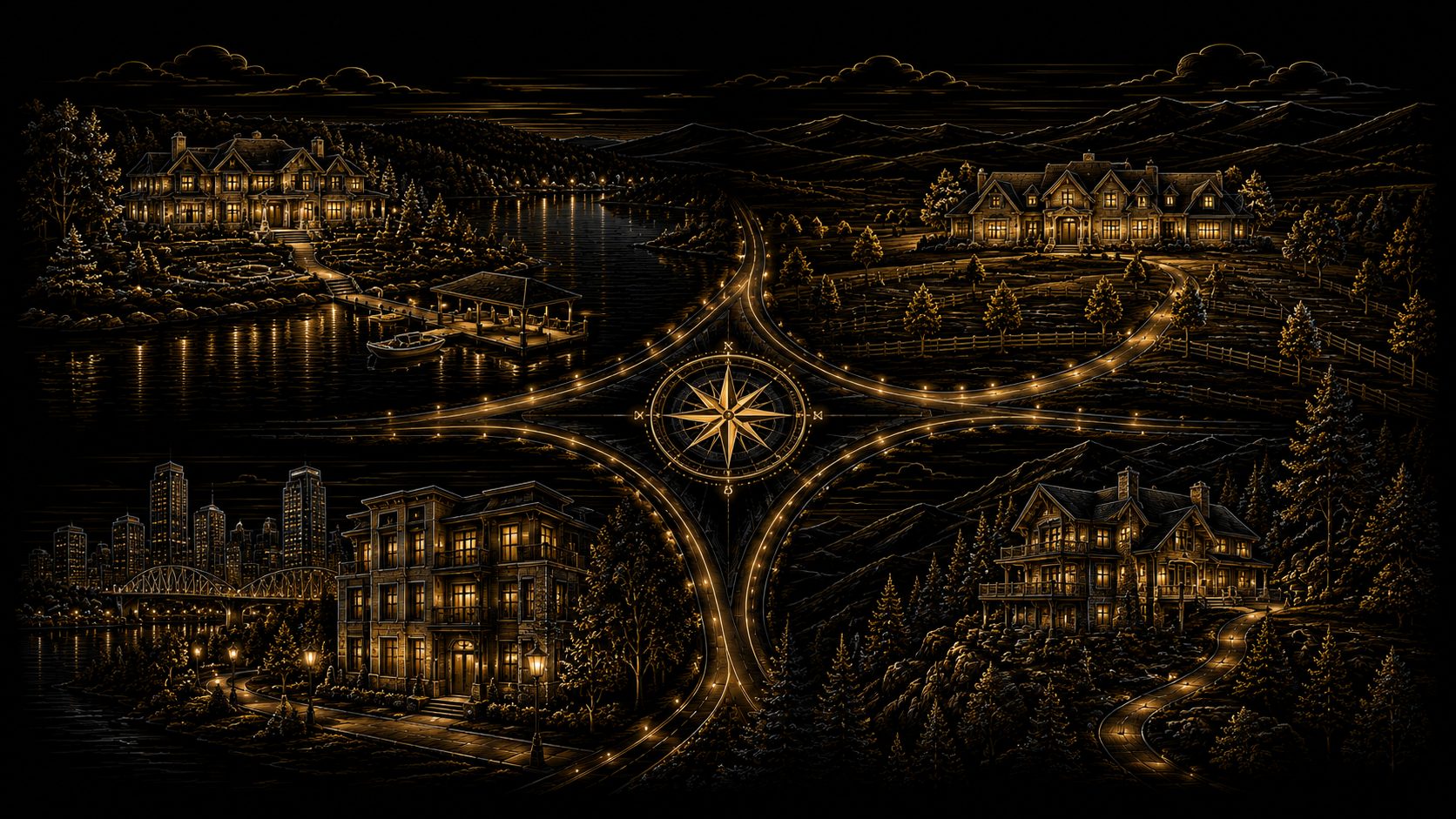 Graphical luxury property type guidance scene with lakefront estate, acreage home, downtown residence, and mountain retreat